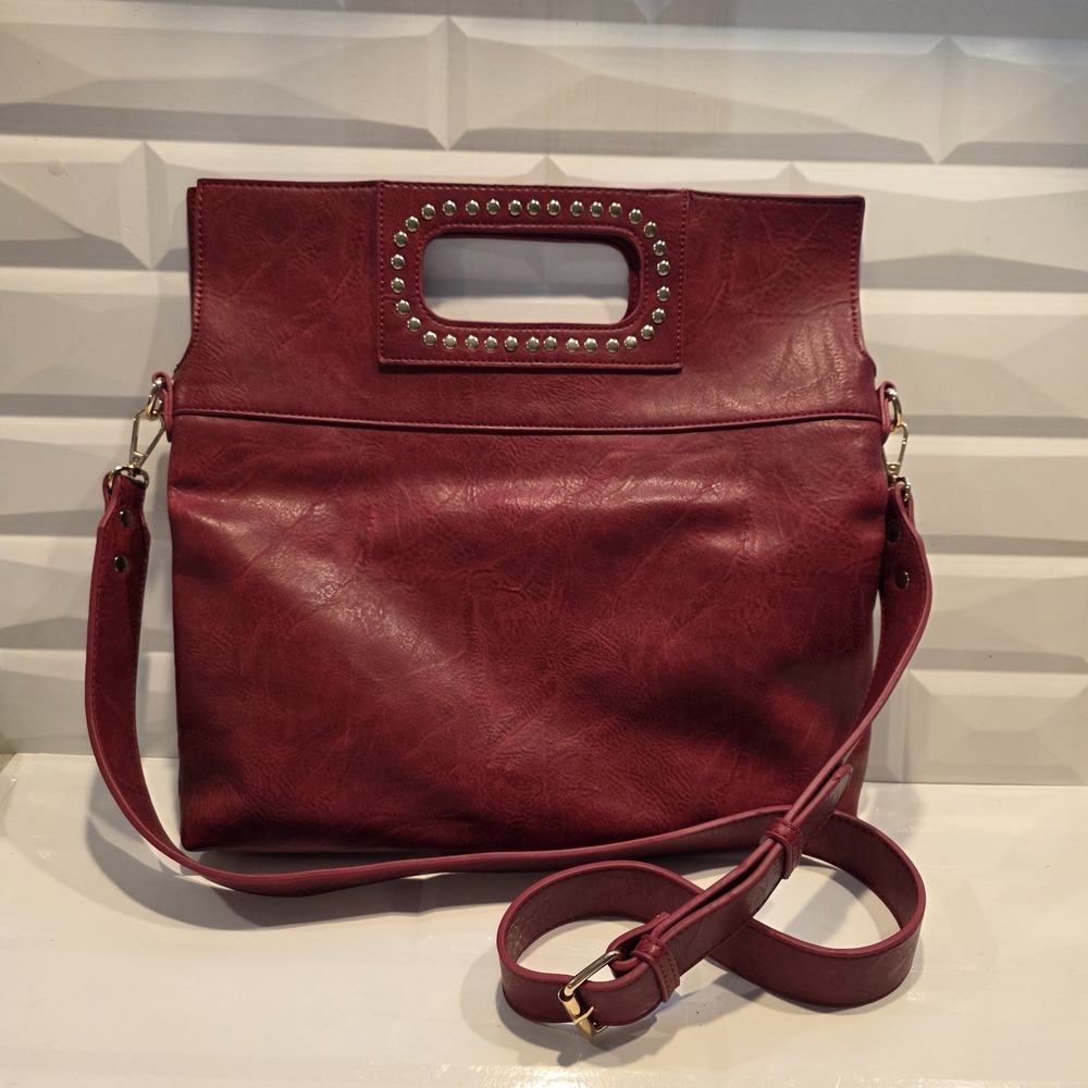 AHDORNED Faux Leather Studded Handle Foldover Clutch Persian Red Y2K Punk Style